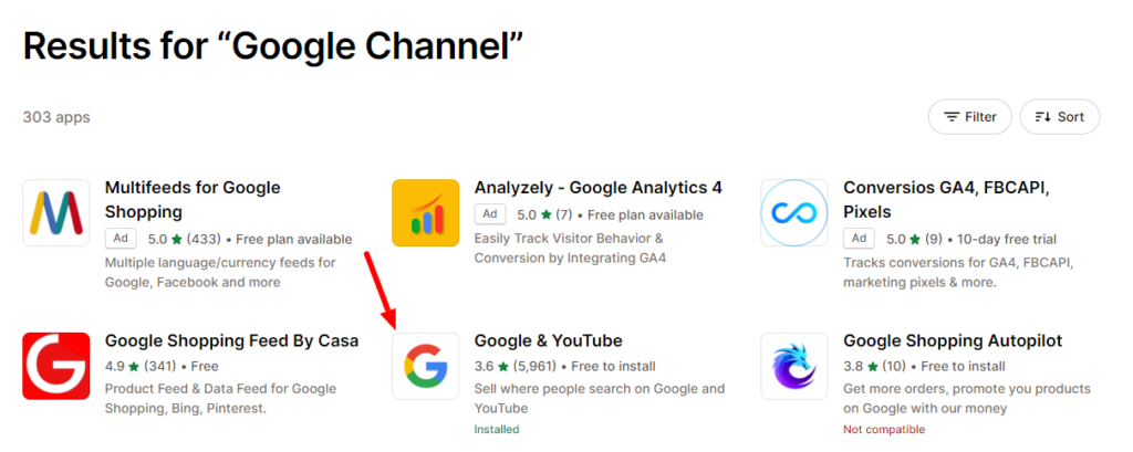 Selecting Sales channel app