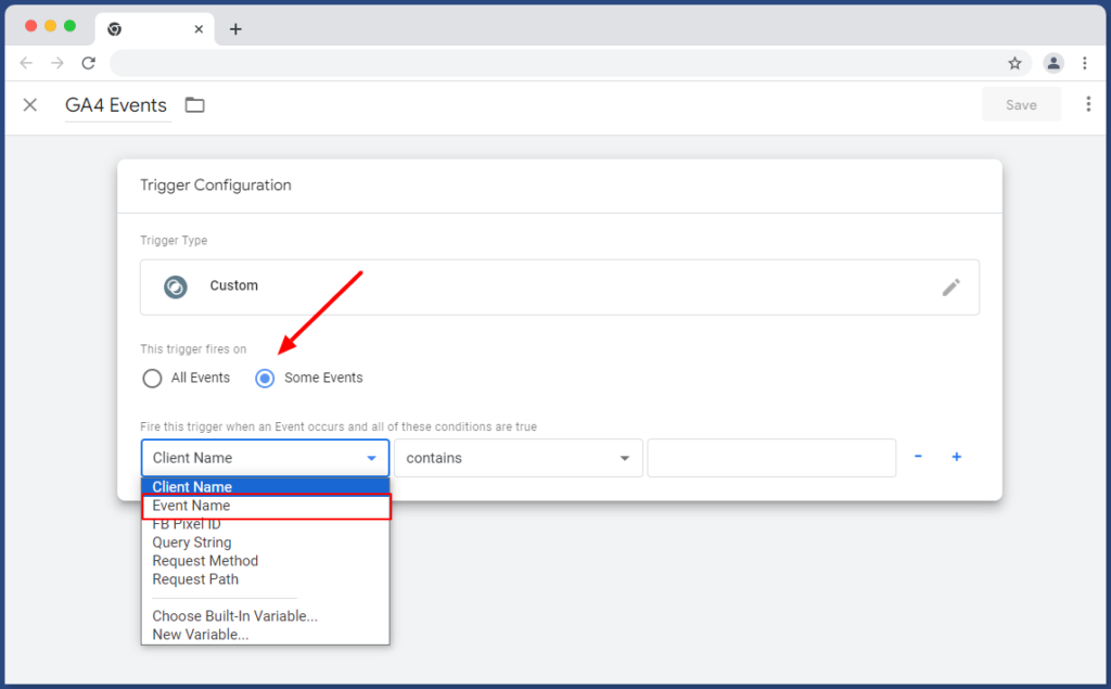 Server Side Tracking - Setting Condition for trigger 1 - Involvz